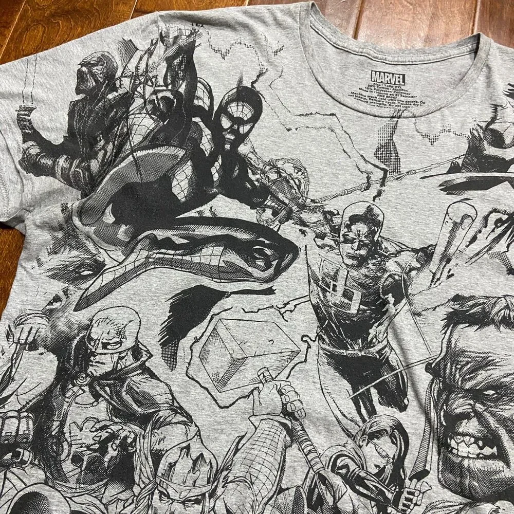 Marvel Team Ups Avengers Gray Black Big & Tall AOP Cotton T-Shirt Men's Size XXL